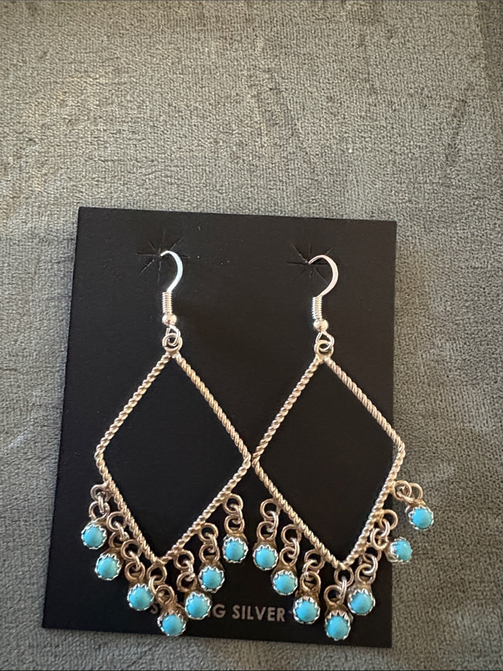 Silver-Tone Turquoise Dangle Earrings with Diamond Frame